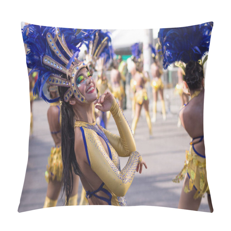 Personality  BARRANQUILLA, COLOMBIA - Feb 13, 2018: The Comparsa Parades Their Traditional Colorful Costumes At The Barranquilla Carnival Pillow Covers