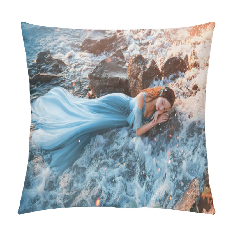 Personality  Charming Sea Princess Resting On Wet Stones, Girl In Blue Long Tender Dress Sweetly Sleeps In Cold Water Of Waterfall With Hands Under Head, Sweet Red Mermaid With Kind Face In Rays Of Warm Sun. Pillow Covers