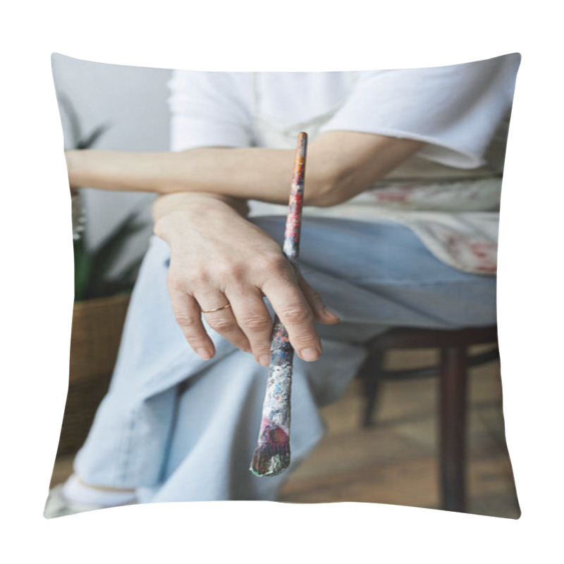 Personality  A Painter Reflects On Her Artistic Journey While Holding A Brush. Pillow Covers