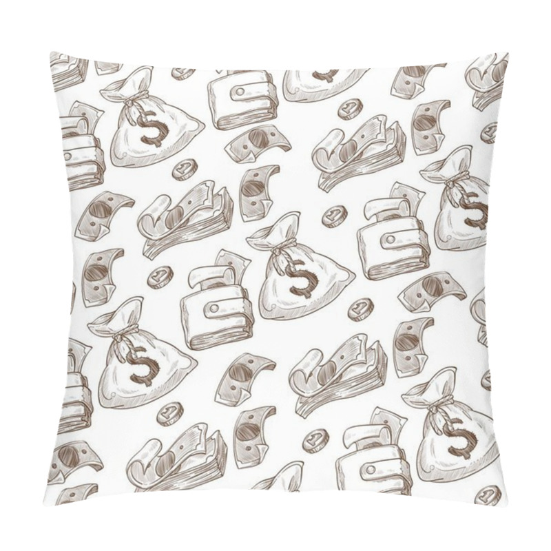 Personality  Wallets And Purses With Money, Bags Filled With Cash Coins And Banknotes Seamless Pattern. Investment Or Savings, Finance And Banking. Precious Metal. Monochrome Sketch Outline, Vector In Flat Style Pillow Covers