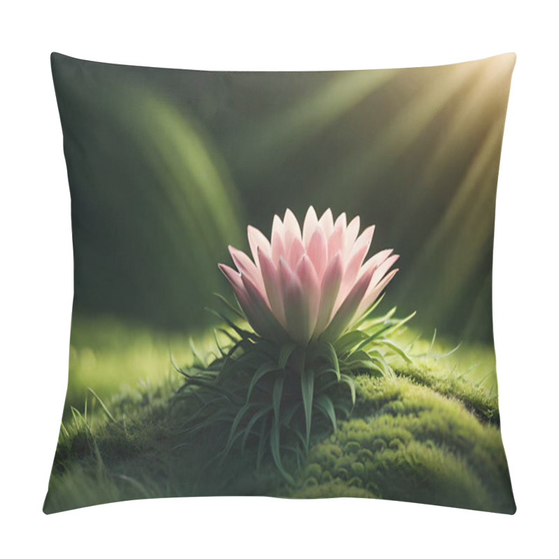 Personality  Beautiful Pink Lotus Flower On Green Grass With Sunlight Background. Pillow Covers