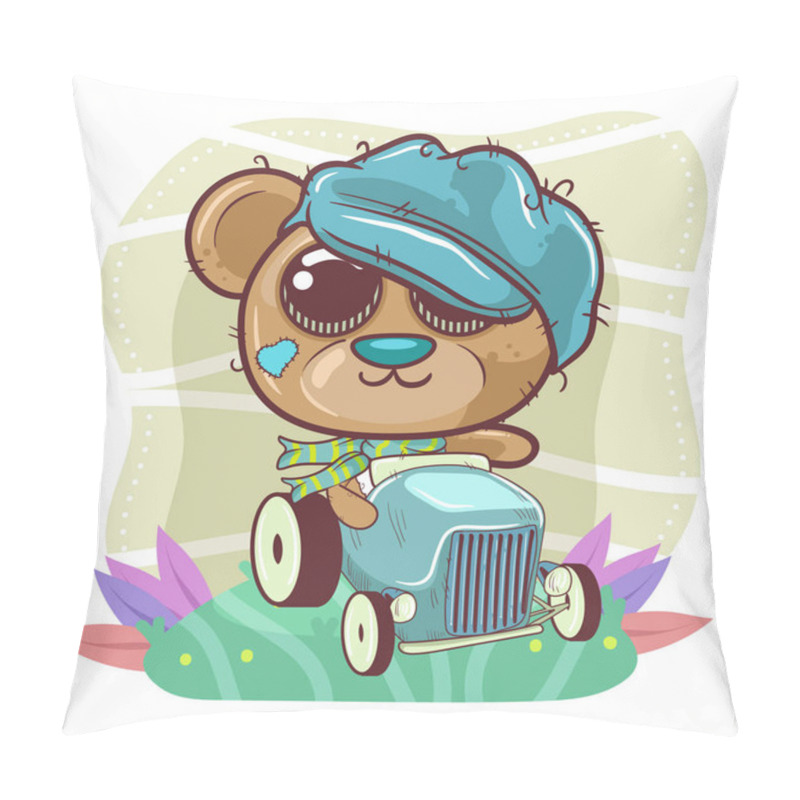 Personality  Cute Cartoon Bear Boy Goes On A Car - Vector Pillow Covers