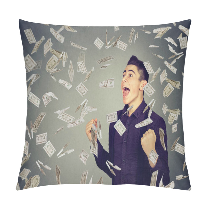 Personality  Man Celebrates Success Under Money Rain Falling Down Dollar Banknotes  Pillow Covers