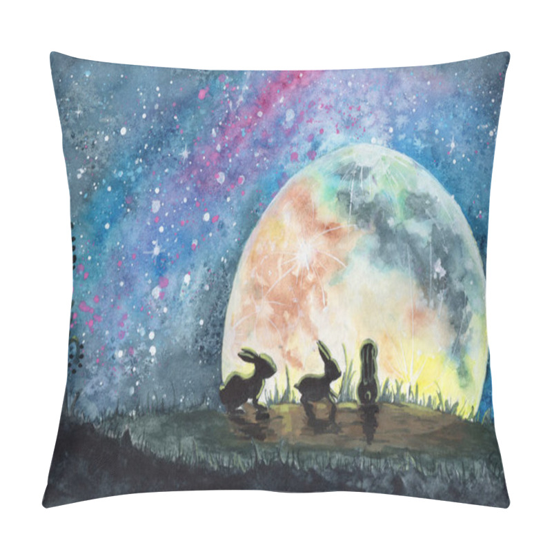 Personality  Watercolor Illustration Of Three Rabbits Or Hares In A Field With Grass, Looking On A Huge Colorful Moon And Bright Starry Sky Pillow Covers