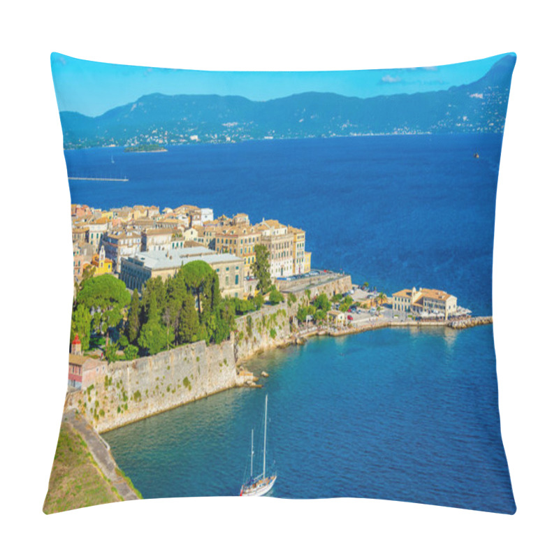 Personality  View Of Faliraki And Corfu Asian Art Museum At Greek Island Corfu. Pillow Covers