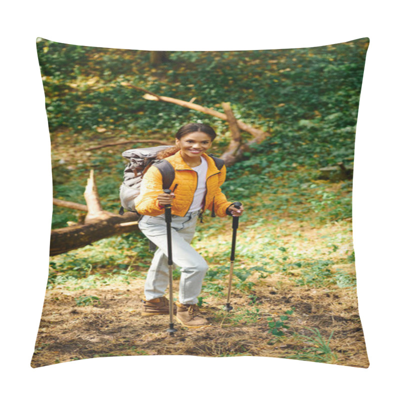 Personality  A Young Woman Explores The Enchanting Autumn Forest, Embracing The Beauty Of Nature While Hiking. Pillow Covers