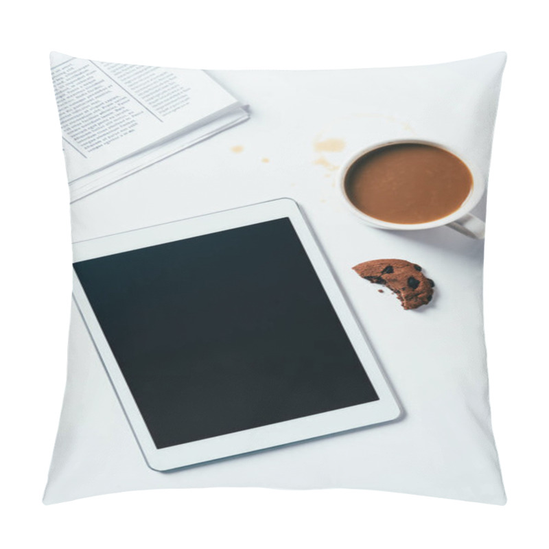 Personality  Top View Of Tablet With Coffee Cup And Bitten Chocolate Chip Cookie On White Surface Pillow Covers