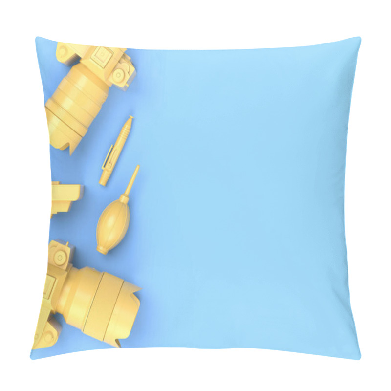 Personality  Top View Of Designer Workspace And Photography Gear On Blue Table Background Pillow Covers