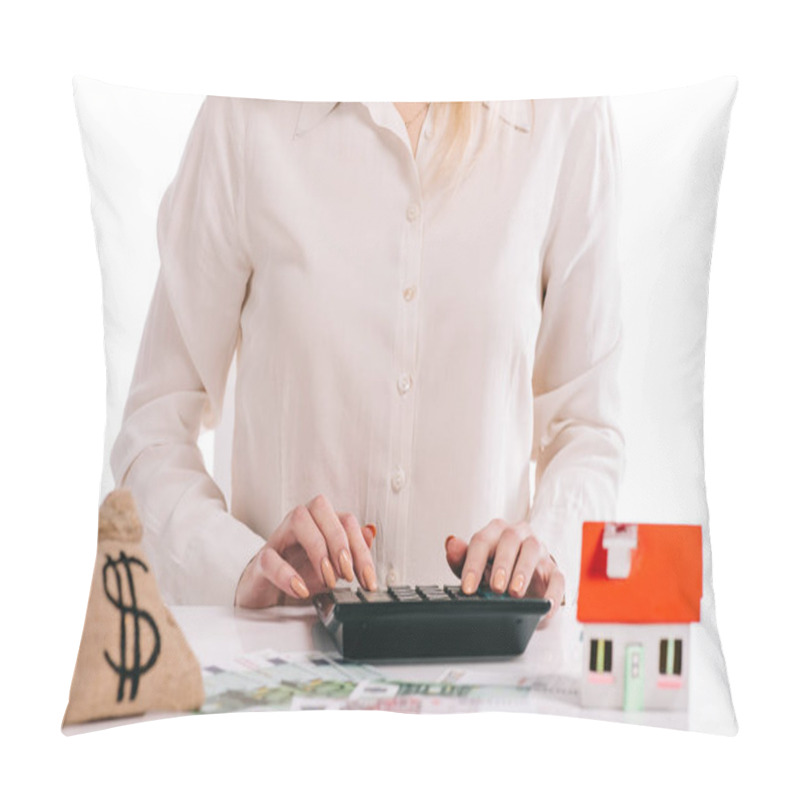 Personality  Cropped View Of Businesswoman Using Calculator Isolated On White, Mortgage Concept Pillow Covers