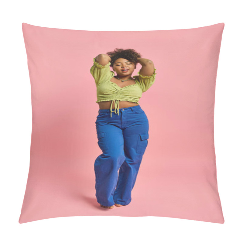 Personality  Stylish African American Woman Poses In Yellow Top And Blue Pants Against Vibrant Backdrop. Pillow Covers