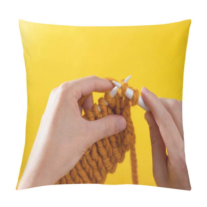 Personality  Women's Hands Knit From Yellow Wool On A Yellow Background, Top View. Hand Knitting Pillow Covers