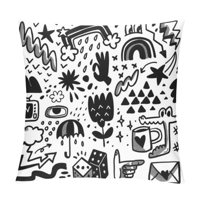 Personality  A Collection Of Whimsical Black And White Doodles With Halftone Effect, Including Rainbows, Flowers, Hands, And Arrows For Artistic Projects Pillow Covers