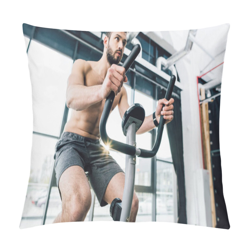 Personality  Handsome Bearded Sportsman Training On Elliptical Machine At Gym Pillow Covers