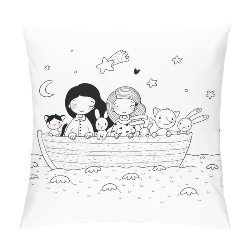 Personality  Cute Cartoon Kids In The Boat. Two Little Sisters, Funny Hares And A Cat. Best Friends Went On A Trip. Pillow Covers