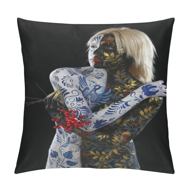 Personality  Body Art Portrait Of A Girl In The Style Of Khokhloma And Gzhel On A Black Background Studio Pillow Covers