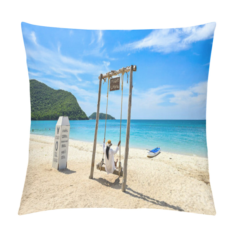 Personality  Samae San Island Offers Relaxation, Featuring A Rustic Swing By Turquoise Waters, Sun-soaked Shores, And Vibrant Landscapes Asian Women On A Swing On The Beach ( Translation: Samae San Island ) Pillow Covers