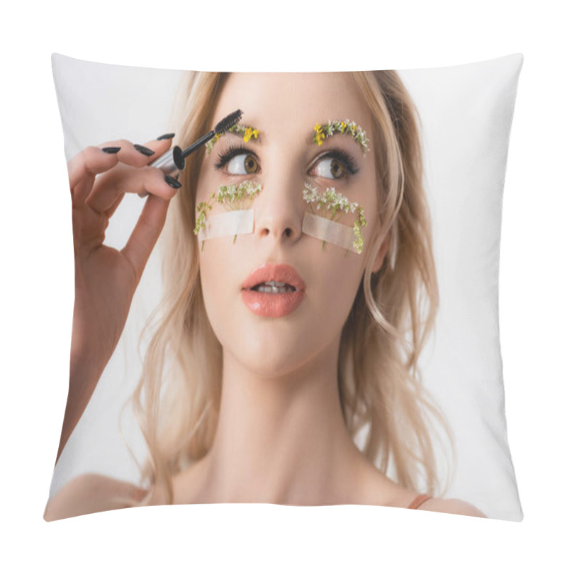 Personality  Beautiful Blonde Woman Styling Wildflowers On Eyebrows With Brow Gel Isolated On White Pillow Covers