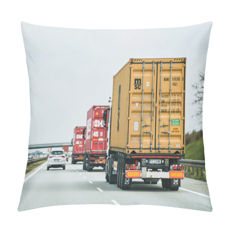 Personality  Poland, Europe - June 26, 2023: International Shipping And Delivery: MSC Container On Truck. Pillow Covers