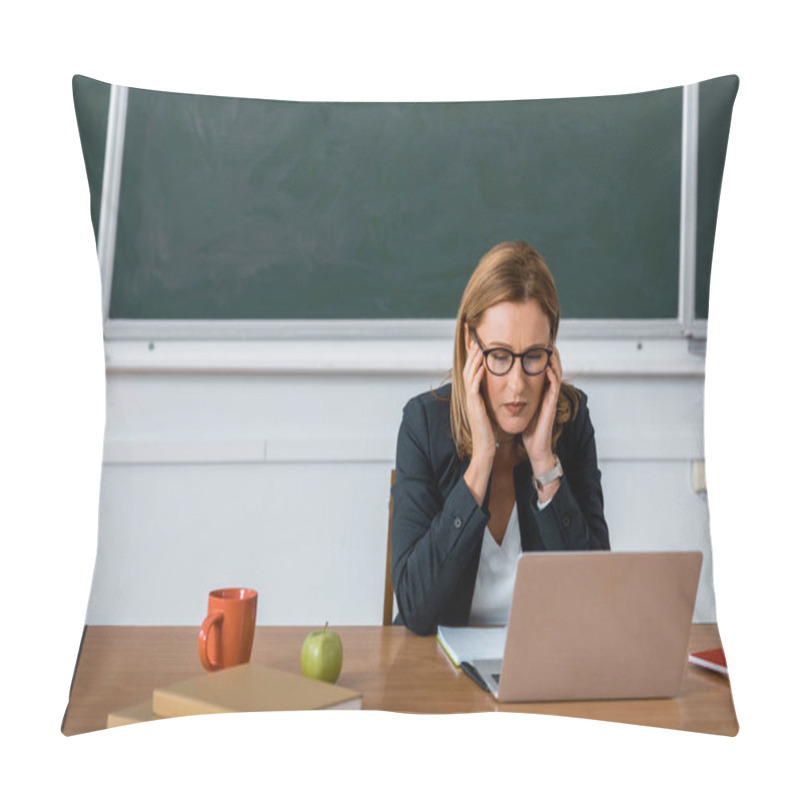 Personality  Female Teacher Sitting At Computer Desk And Having Headache In Class Pillow Covers