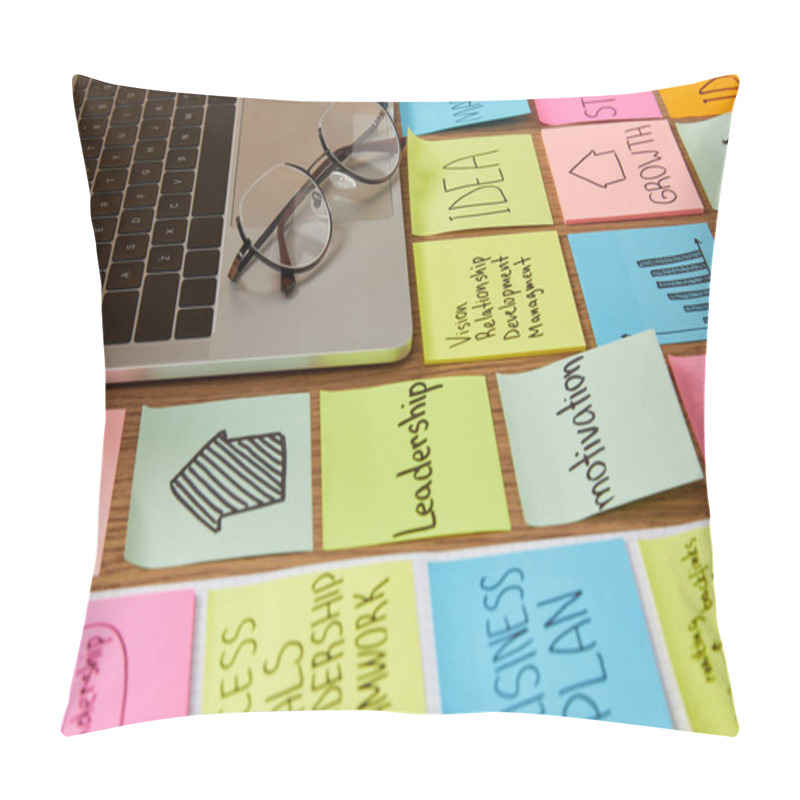 Personality  Paper Stickers With Business Strategy And Laptop With Glasses On Tabletop Pillow Covers