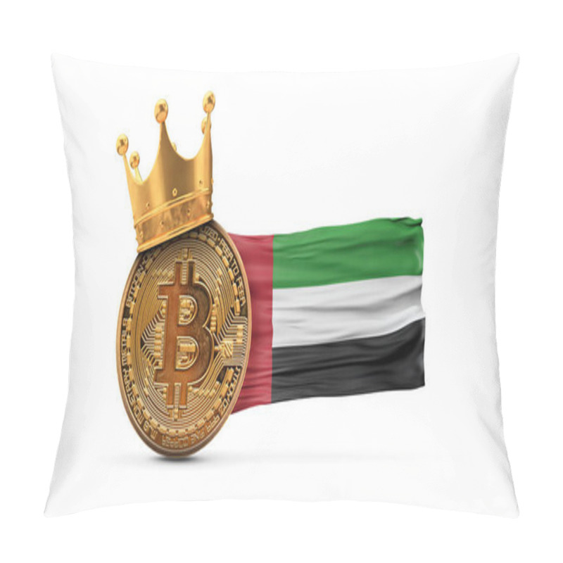 Personality  Bitcoin With Gold Crown And UAE Flag. Cryptocurrency King Concept. 3D Rendering Pillow Covers