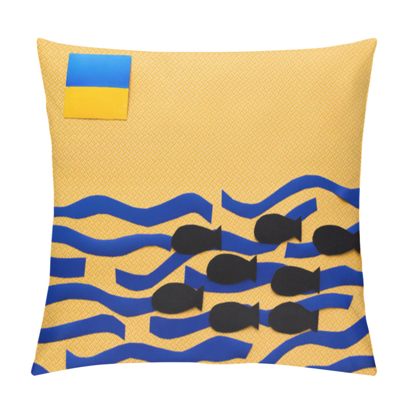 Personality  Top View Of Ukrainian Flag Above Carton Sea And Paper Bombs On Textured Yellow Background  Pillow Covers