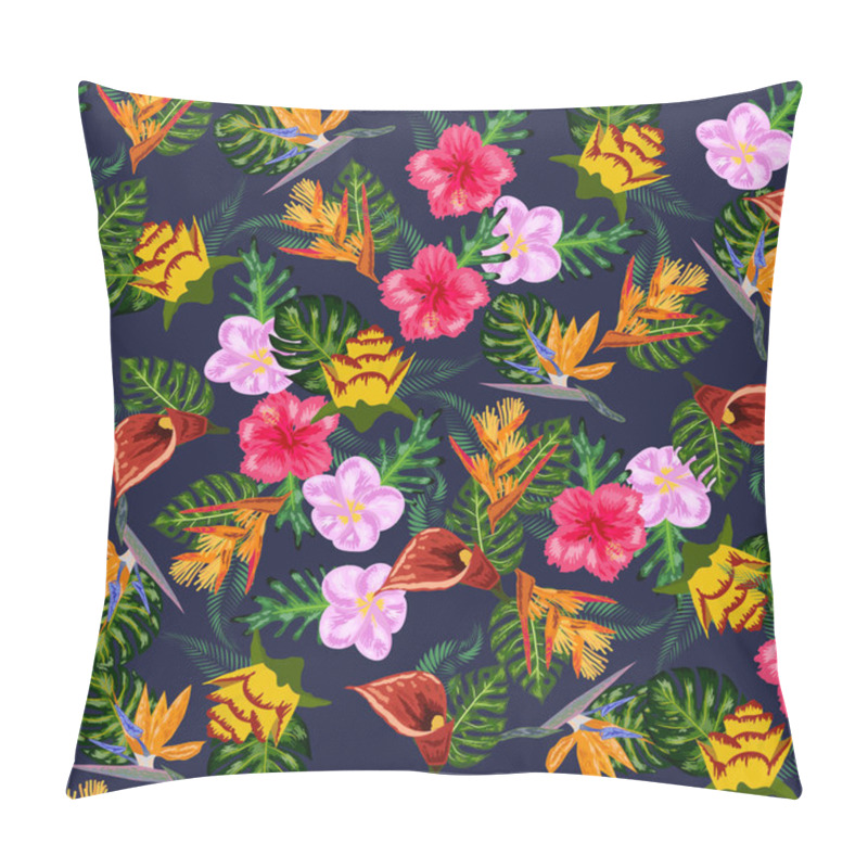 Personality  Seamless Tropical Pattern With Palm, Monstera Leaves And Many Flowers Of Hibiscus, Sterlitz, Tropical. Pillow Covers