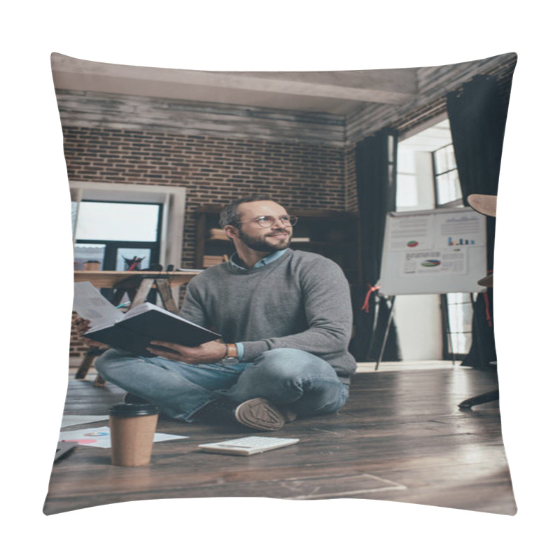 Personality  Casual Businessman Sitting On Floor With Computer And Working On Project In Modern Loft Office Pillow Covers