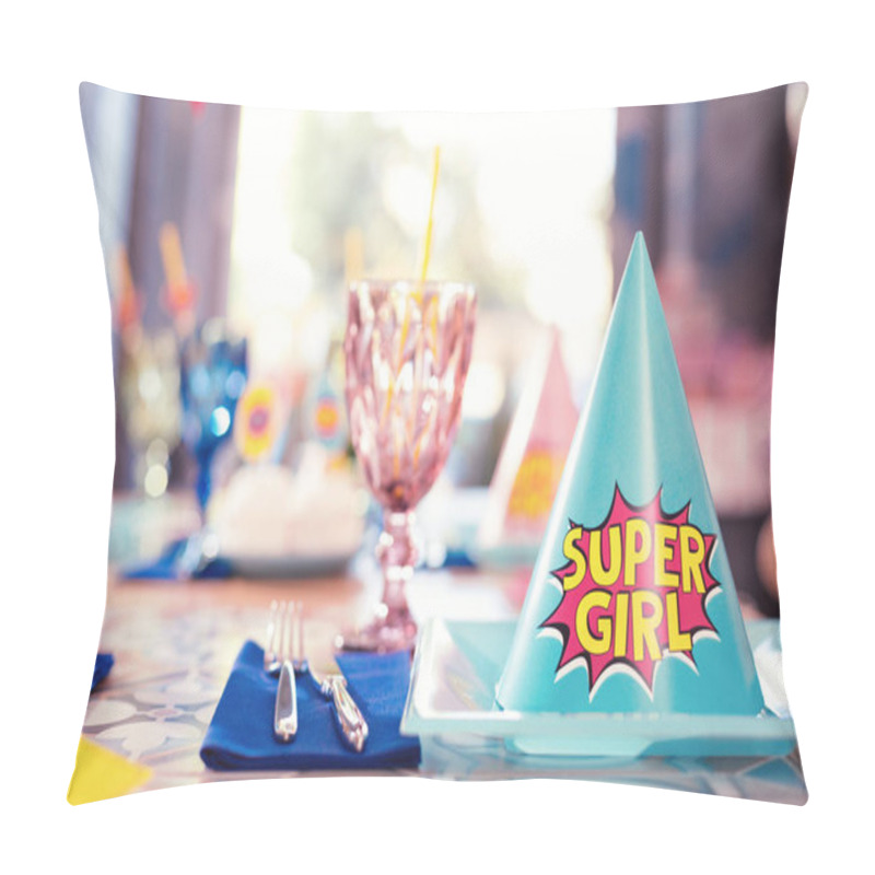 Personality  Close Up Of Blue Super Girl Party Hat On The Plate Pillow Covers