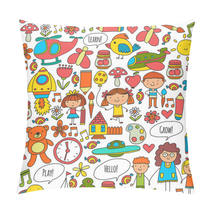 Personality  Vector Icons And Elements. Kindergarten, Toys. Little Children Play, Learn, Grow Together. Pillow Covers