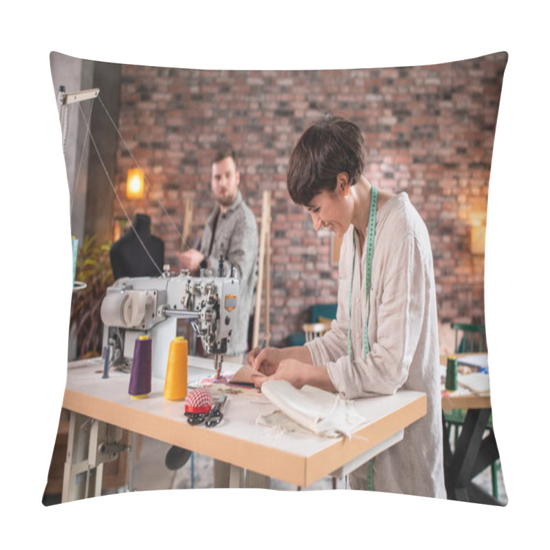 Personality  In A Designer Looking Office A Man And Woman Are Doing Work On The Laptop And Laughing As They Discuss Things, The Atmosphere Is Very Chill Pillow Covers