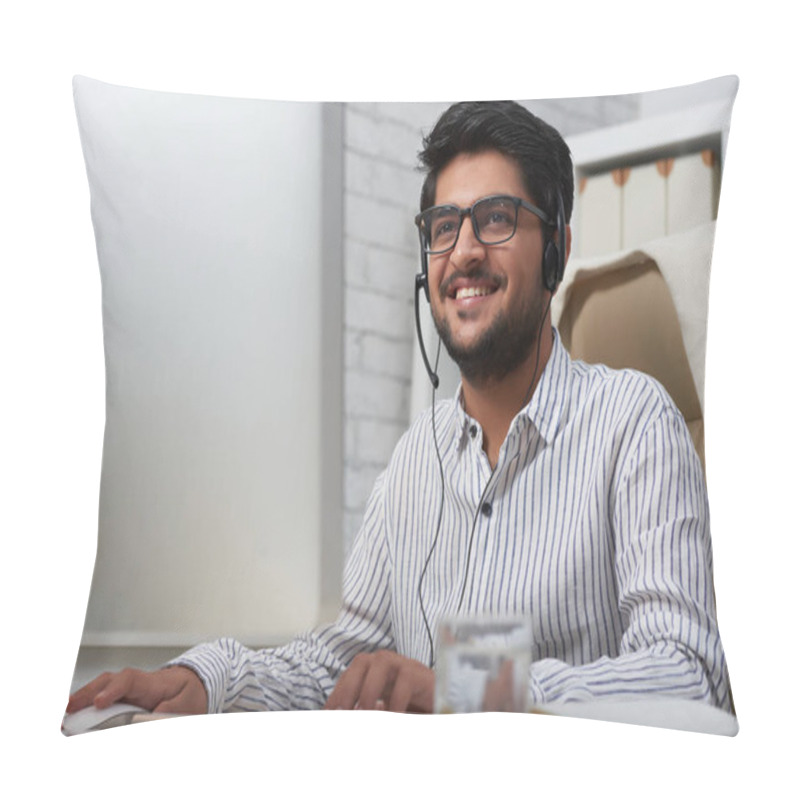 Personality  Handsome Indian Customer Support Operator At His Table Pillow Covers