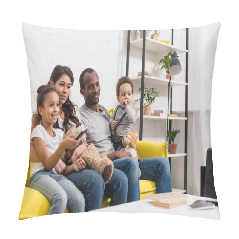 Personality  Young Family Watching Tv Together At Living Room Pillow Covers