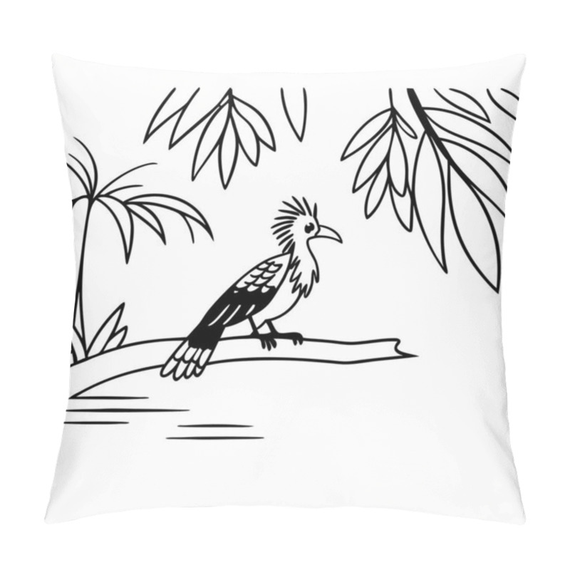 Personality  Black And White Illustration Of A Bird Perched In A Tropical Setting Pillow Covers