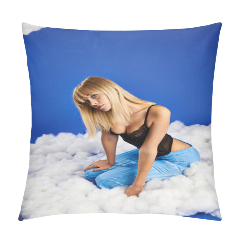 Personality  A Blonde Woman In Vibrant Attire Lounges On A Cloud In A Serene Sky. Pillow Covers