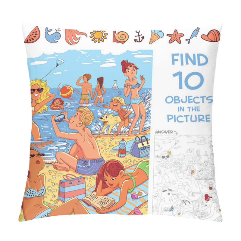 Personality  Find 10 Objects In The Picture. Puzzle Hidden Items. Young People Relax On The Beach. Funny Cartoon Character Pillow Covers