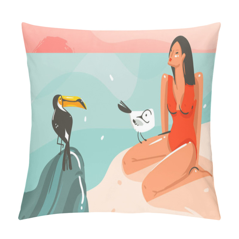 Personality  Hand Drawn Vector Abstract Cartoon Summer Time Graphic Illustrations Art Template Background With Ocean Beach Landscape,pink Sunset,toucan Bird And Beauty Girl With Copy Space Place For Your Design Pillow Covers