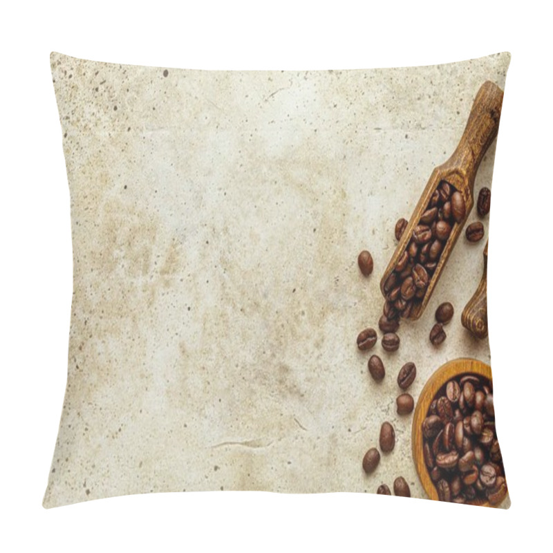 Personality  Wooden Scoops And Bowl Filled With Roasted Coffee Beans On A Textured Background. Pillow Covers