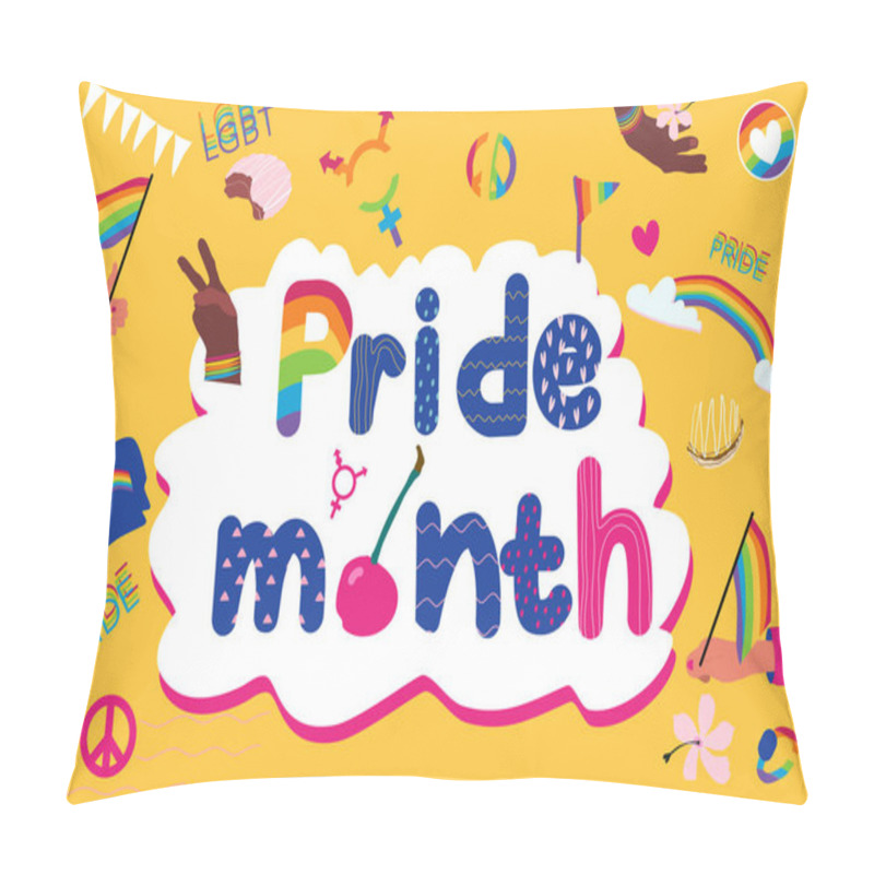 Personality  Pride Month Lettering With Stickers.Pride Parade,gay Demonstration.LGBTQ Concept And Symbols Raibow Flags,gender Sex Symbols,love And Peace.Hand Drawn Vector With Homosexual Love Protection,equality. Pillow Covers