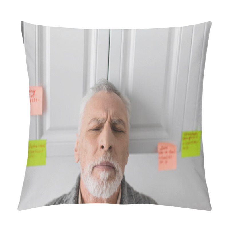 Personality  Depressed Man Suffering From Azheimers Syndrome Standing With Closed Eyes In Kitchen Pillow Covers