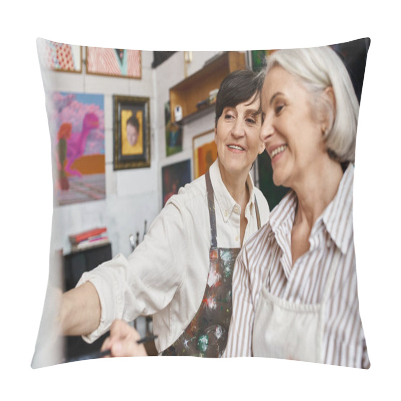 Personality  Two Women, Mature And In Love, Standing Together In An Art Studio. Pillow Covers