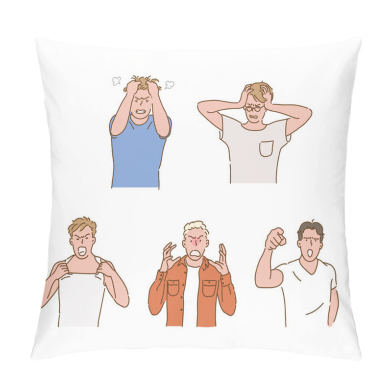 Personality  Stressed And Angry Male Character. Hand Drawn Style Vector Design Illustrations. Pillow Covers