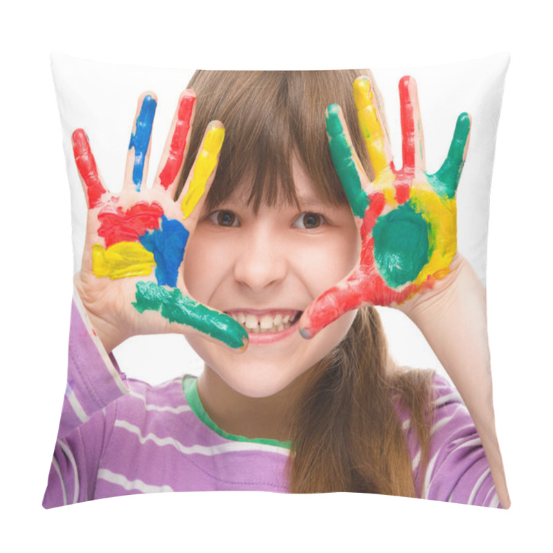 Personality  Portrait Of A Cute Girl Playing With Paints Pillow Covers