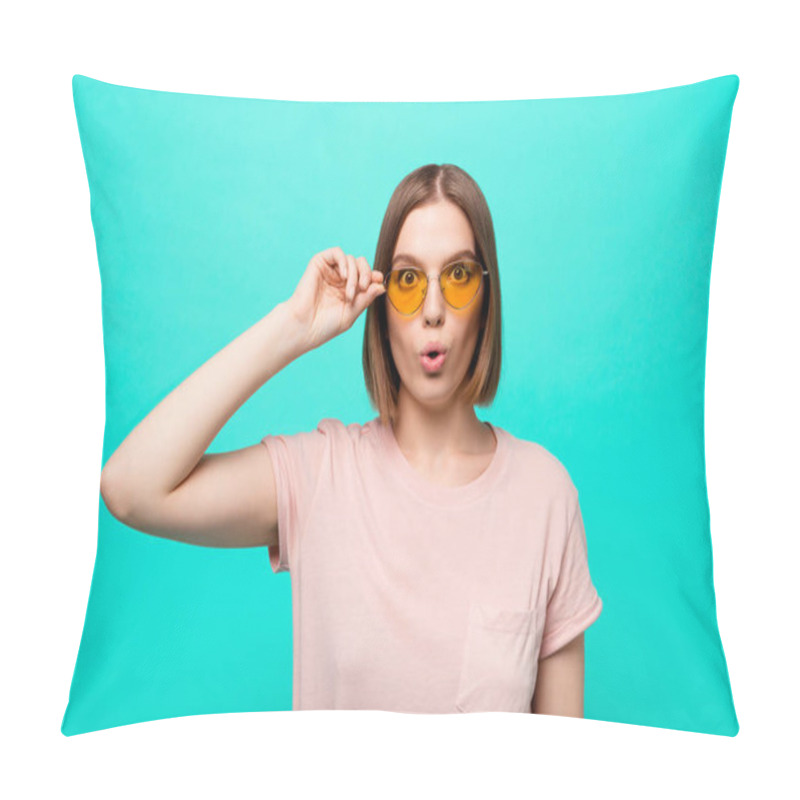 Personality  Close Up Photo Beautiful Her She Lady Modern Fashionable Look Short Straight Hair Opened Mouth Big Eyes Wondered Expression Unexpected Wear Specs Casual T-shirt Isolated Teal Turquoise Background Pillow Covers