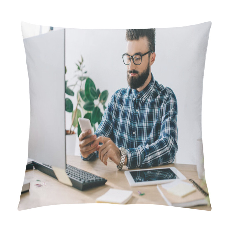 Personality  Handsome Bearded Young Businessman Using Smartphone At Workplace Pillow Covers