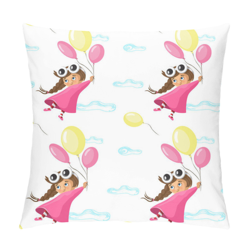 Personality  Vector Seamless Pattern With Funny Little Girl Flying With A Kite, In Cartoon. Ideal For Cards, Invitations, Party, Banners, Kindergarten, Baby Shower, Preschool And Children Room Decoration Pillow Covers