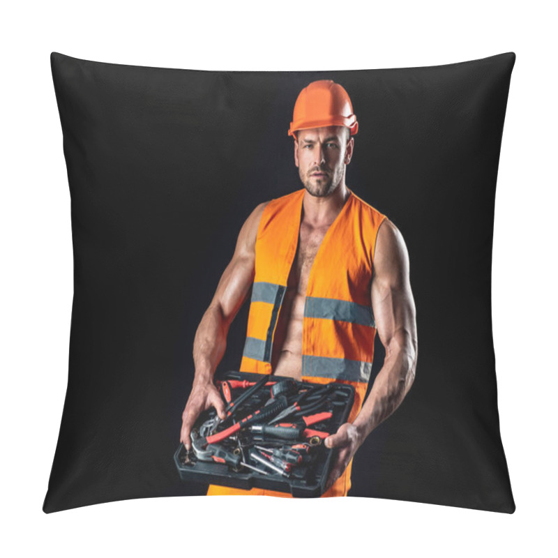 Personality  Repairman Wearing Build Helmet Hold Building Tools. Professional Worker Man. Pillow Covers