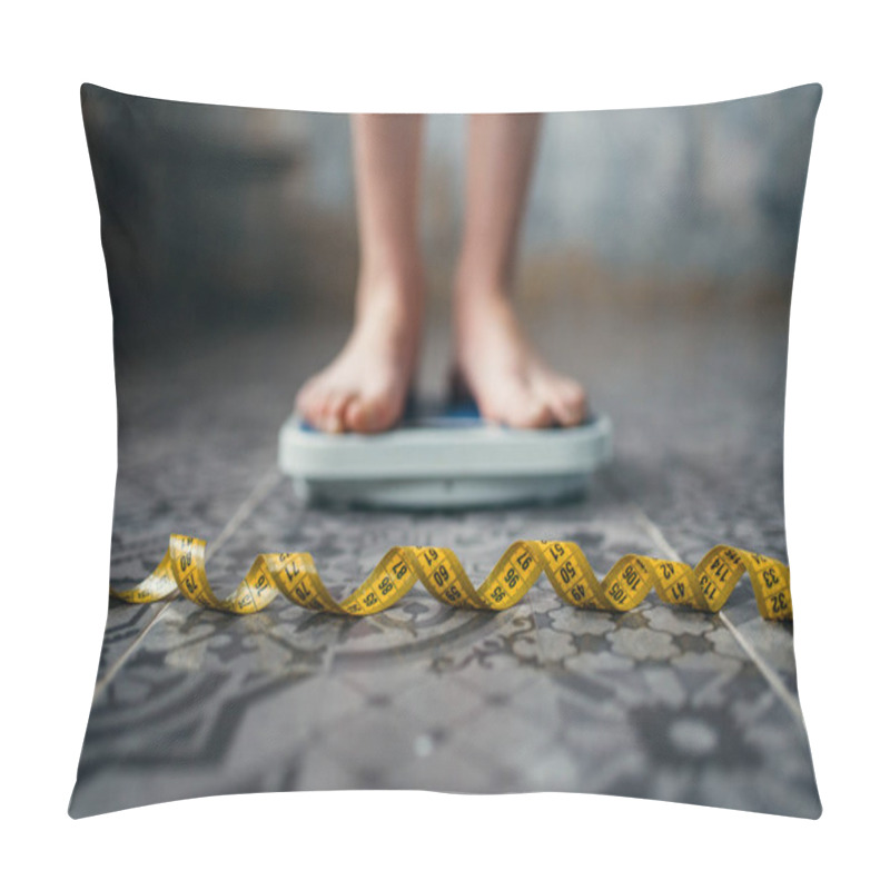 Personality  Female Feet On Scales Closeup, Measuring Tape, Weight Loss, Hard Dieting Pillow Covers