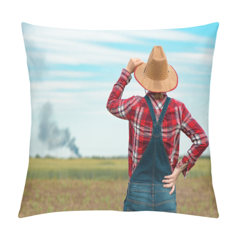 Personality  Concerned Female Farmer In Corn Field Looking At Black Smoke On Horizon, Concept Of Insurance In Agriculture And Farming Pillow Covers