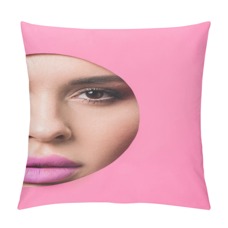 Personality  Beautiful Woman With Smoky Eyes And Pink Lips Looking At Camera Across Hole In Paper  Pillow Covers